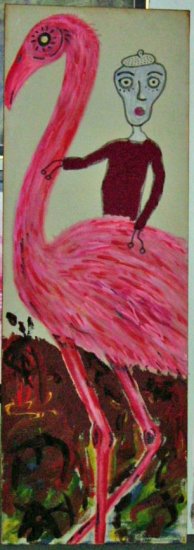 Paul Kostabi Hollywood Hills Flamingo Oil Painting 2000 - Click Image to Close