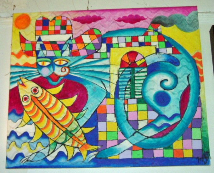 Cuban Artist Fernandez Cat and Fish Painting - Click Image to Close