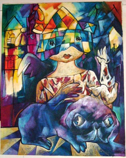 Cuban Artist Chacon Woman Dog Church Painting - Click Image to Close